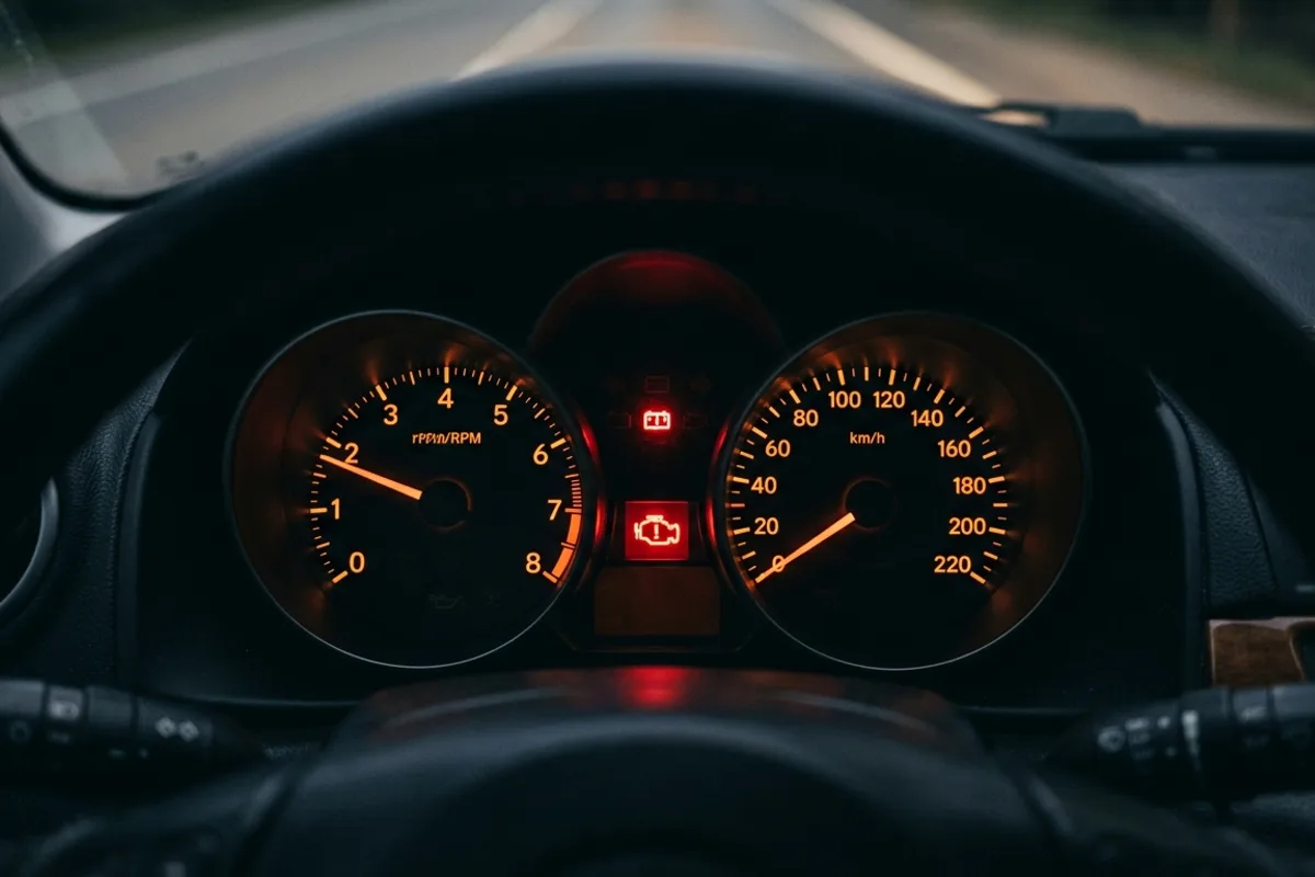Voyant de défaillance critique sur tableau de bord de voiture Gros plan sur tableau de bord avec témoin rouge de défaillance critique allumé, signalant un problème détecté au contrôle technique