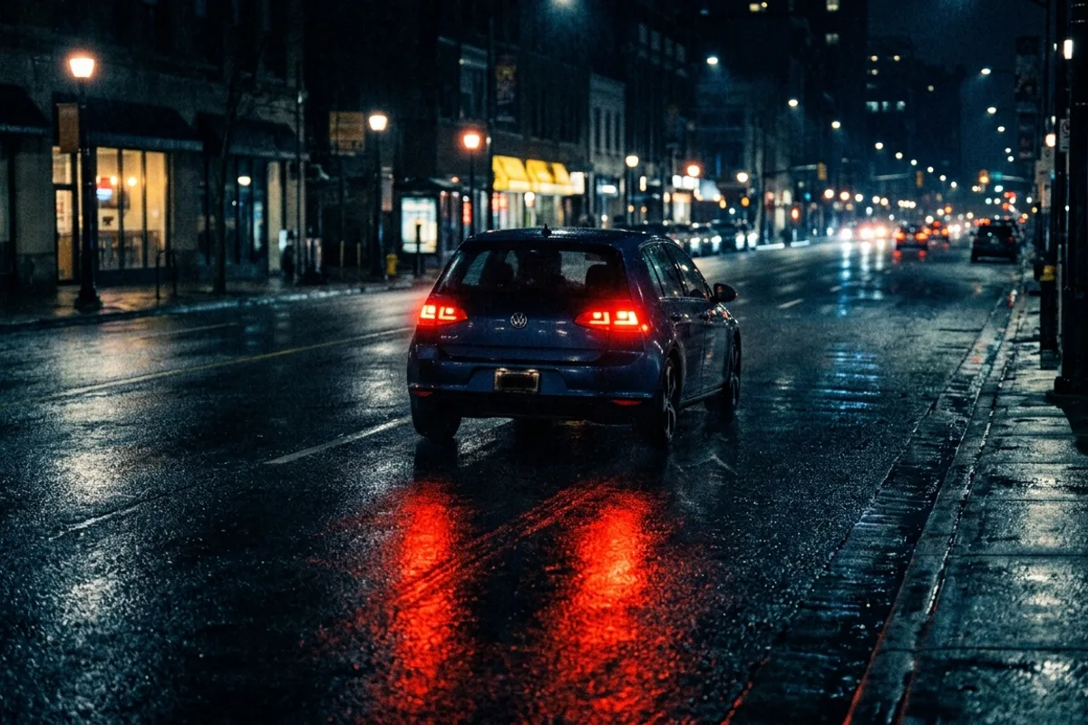 Vue arriere d'une voiture la nuit sur rue mouillee, feux stop rouges reflechis sur l'asphalte humide