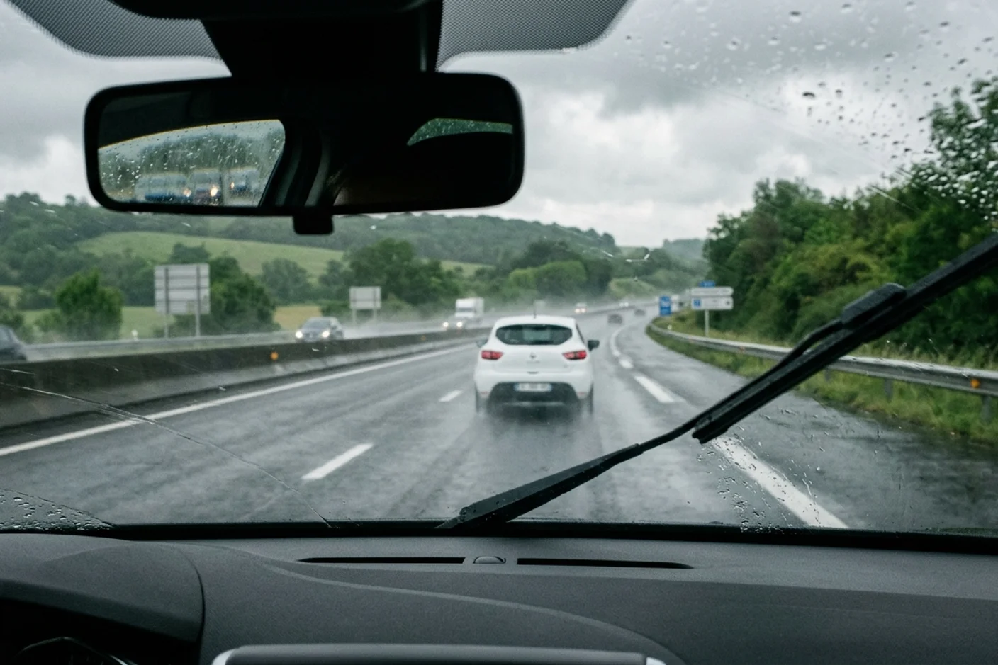 Vue depuis l'habitacle d'un conducteur sur autoroute sous la pluie avec une voiture à distance de sécurité