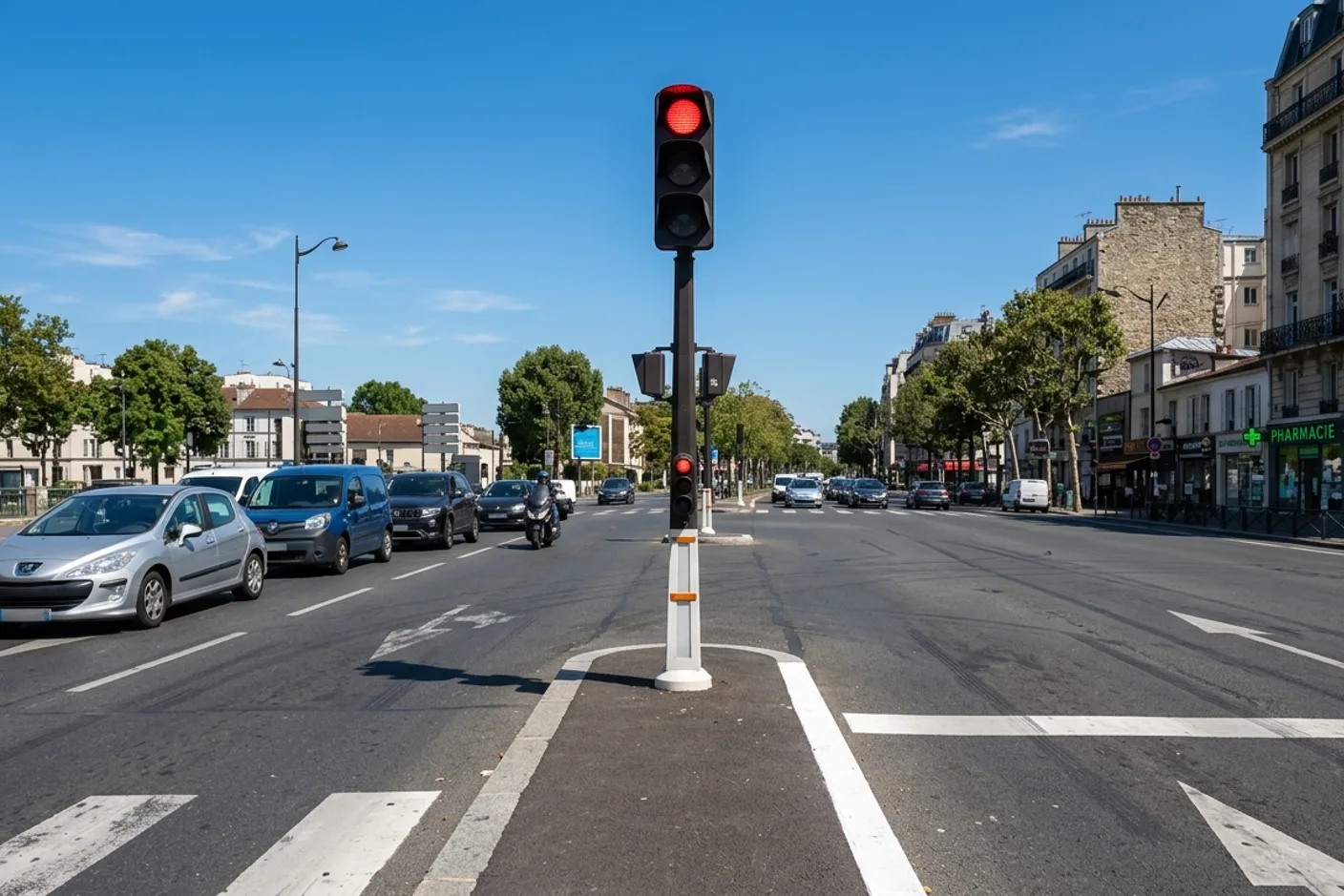 Feu rouge devant un ciel bleu avec ligne d arrêt visible sur la chaussée