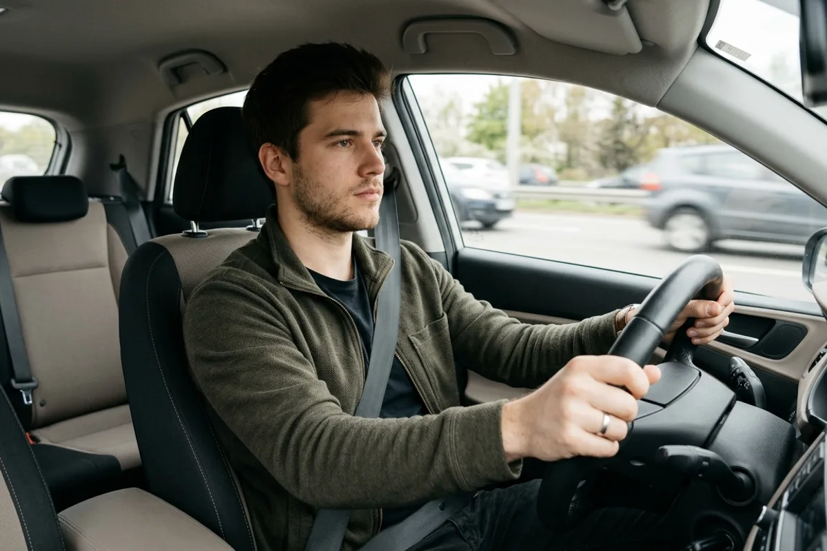 Jeune conducteur concentré au volant, illustrant les risques d'un excès de vitesse sur un permis probatoire