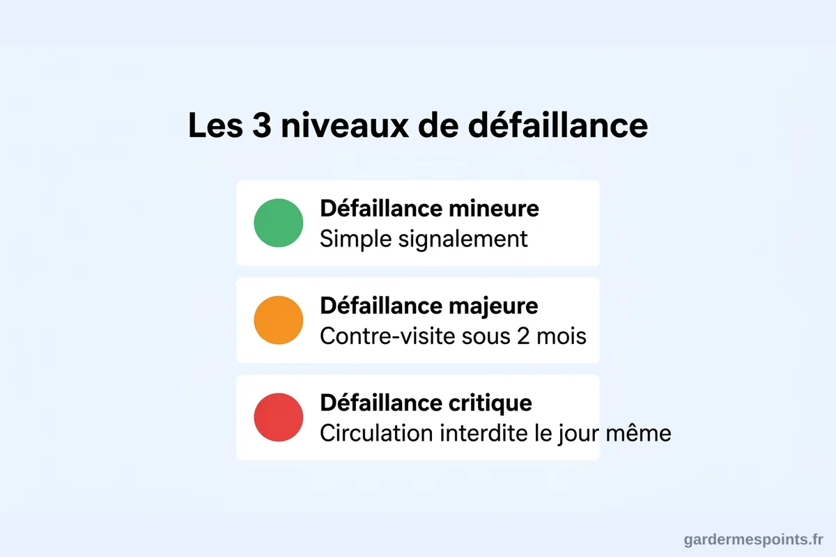 Les trois niveaux de défaillance au contrôle technique Infographie des trois niveaux de défaillance : mineure, majeure et critique, avec leurs conséquences