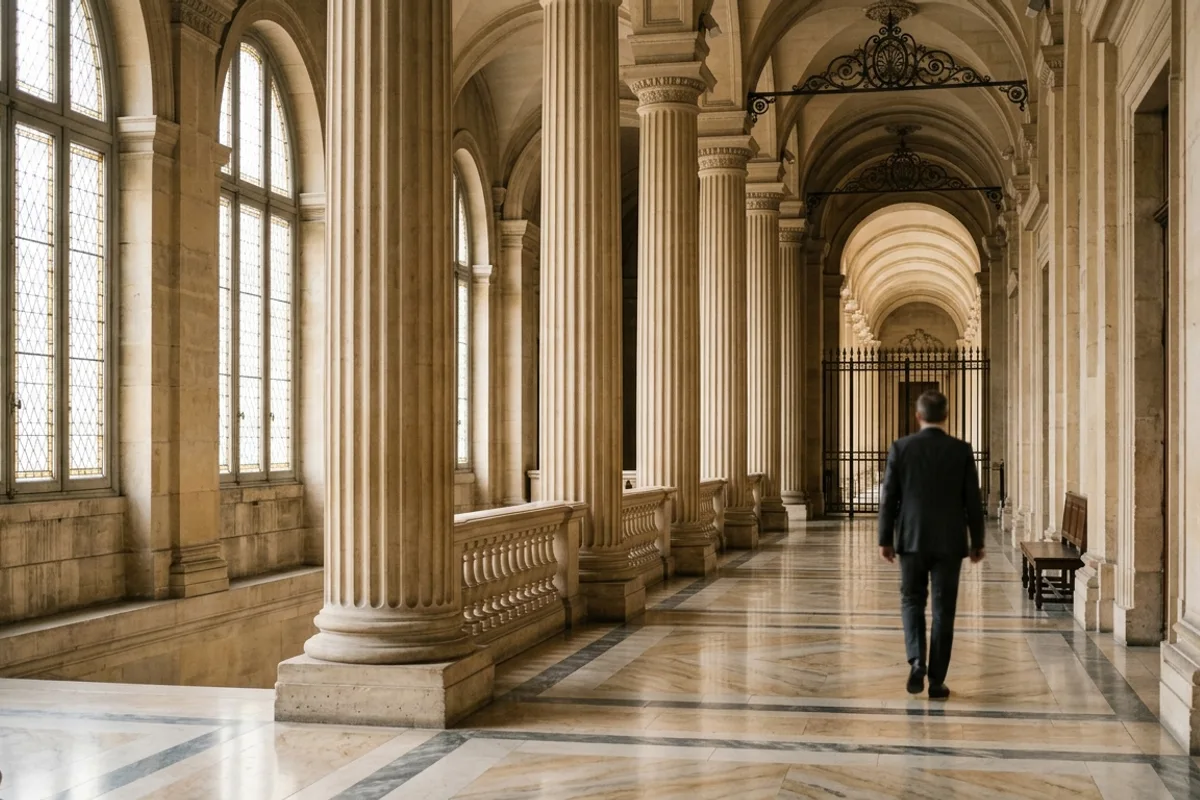 Couloir de palais de justice avec colonnes de pierre et une silhouette en costume qui s'éloigne