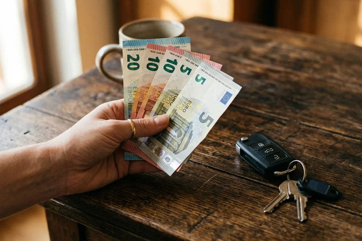 Main tenant des billets euros de 5, 10 et 20 euros a cote de cles de voiture sur une table en bois