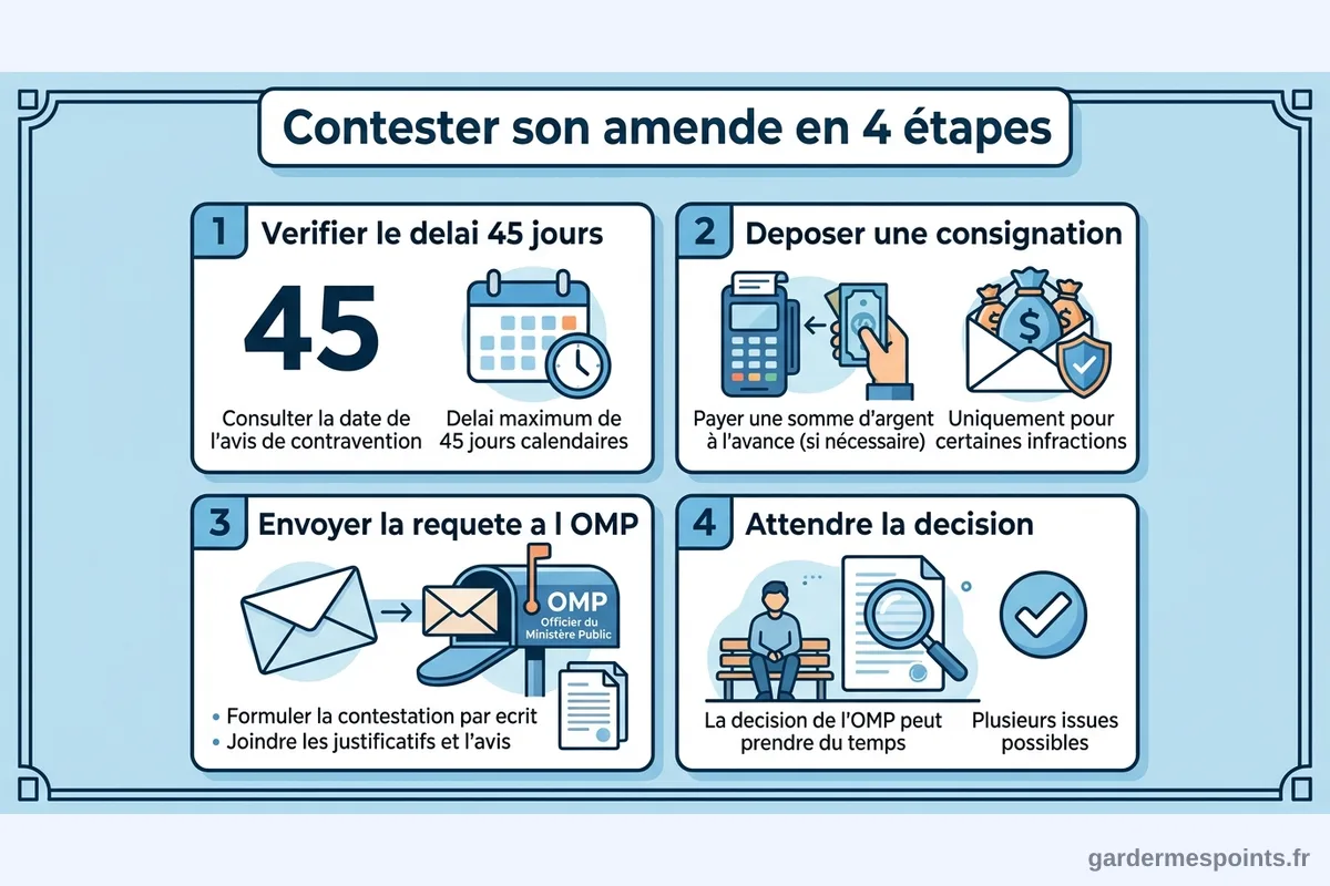 Procédure de contestation d'une amende feu rouge en 4 étapes Infographie des 4 étapes pour contester une amende de feu rouge