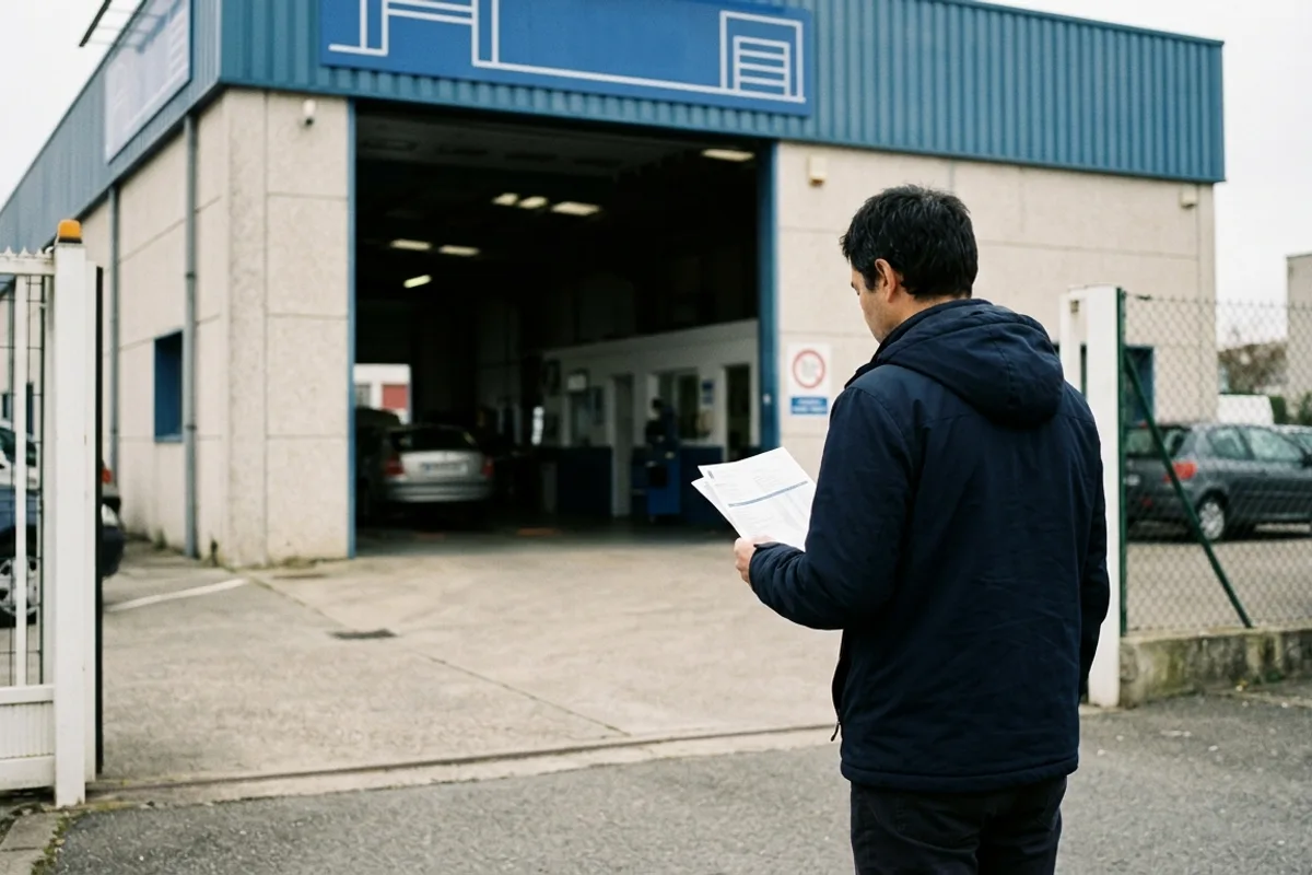 Conducteur avec procès-verbal devant un centre de contrôle technique agréé Personne tenant son procès-verbal défavorable devant l'entrée d'un centre de contrôle technique pour sa contre-visite