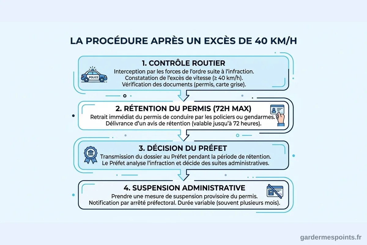 Schéma de la procédure administrative après un excès de vitesse de 40 km/h : rétention du permis 72 heures et suspension