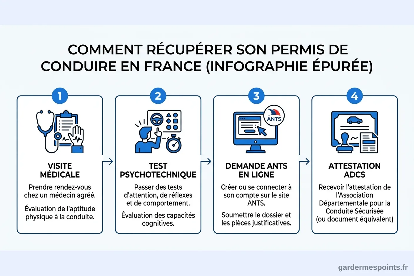 Infographie : 4 étapes pour récupérer son permis après suspension (visite médicale, test psychotechnique, ANTS, attestation ADCS)