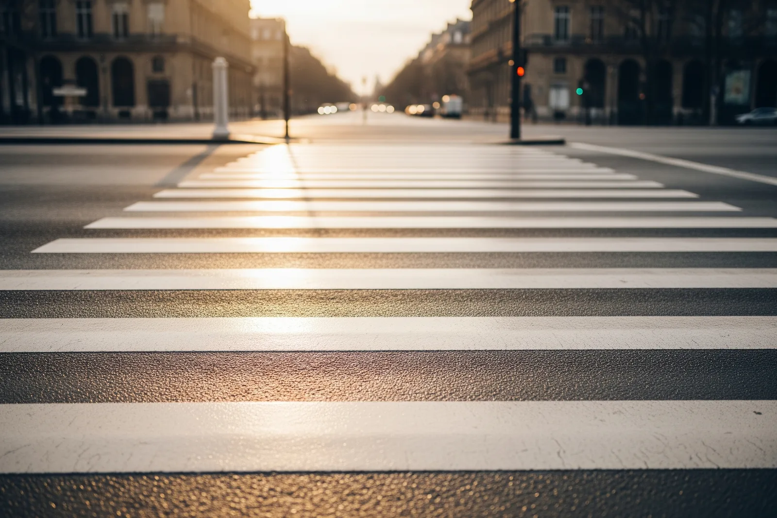Passage pour piétons matérialisé par des bandes blanches sur la chaussée, priorité au piéton