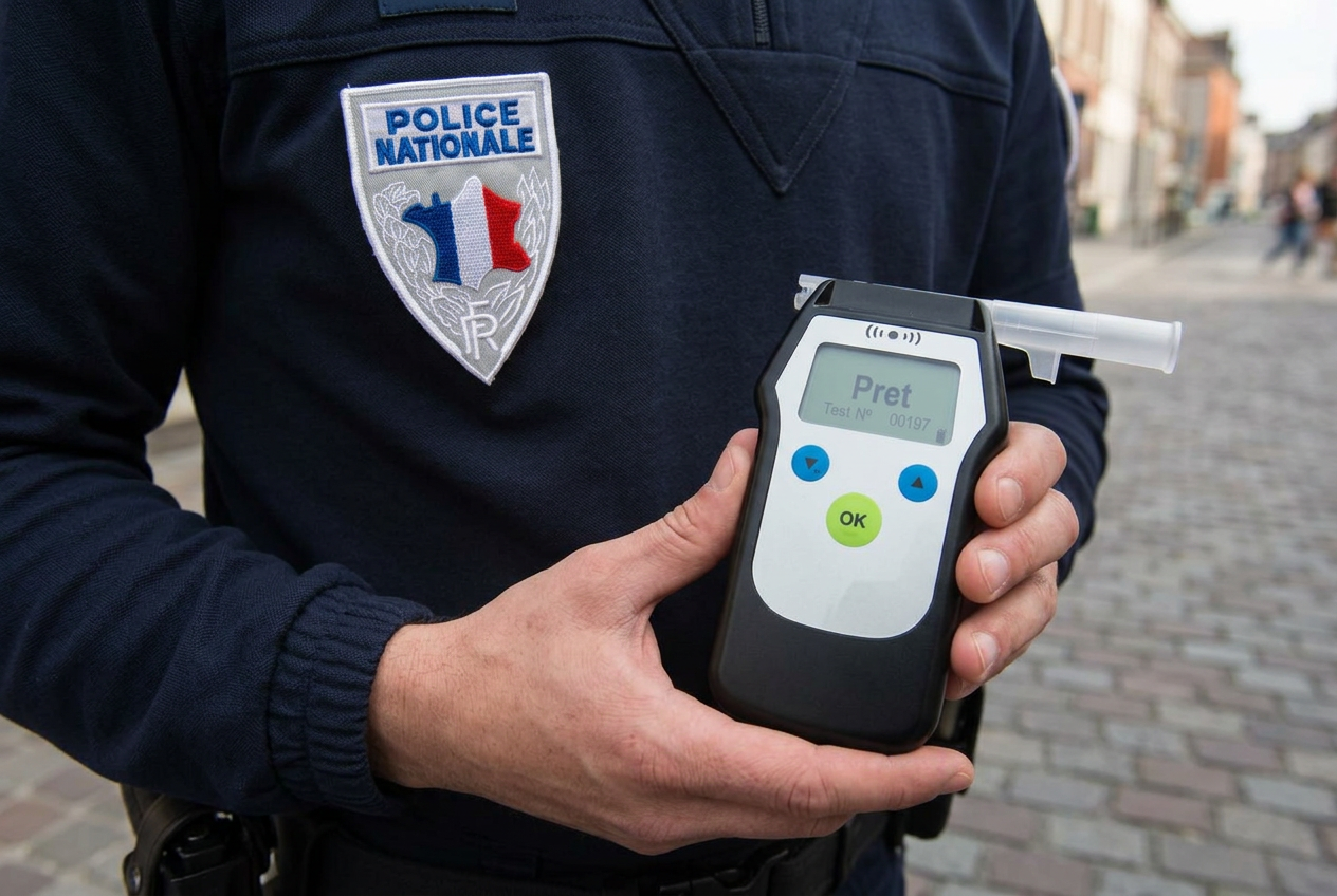 Policier de la Police nationale tenant un éthylomètre homologué prêt pour un contrôle d'alcoolémie