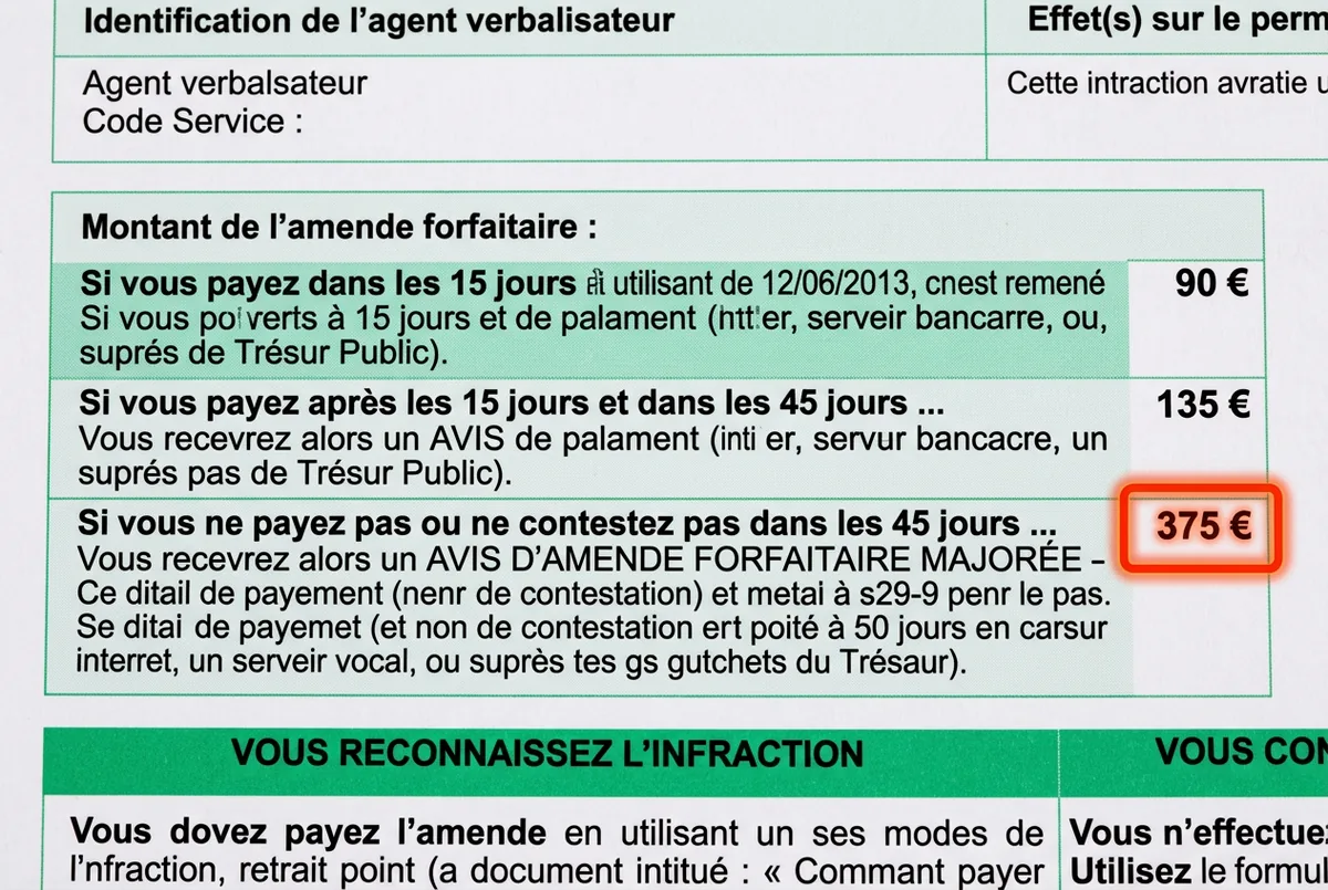 Avis de contravention détaillant l'amende forfaitaire majorée de 375 euros en cas de non-paiement ou non-contestation dans les 45 jours
