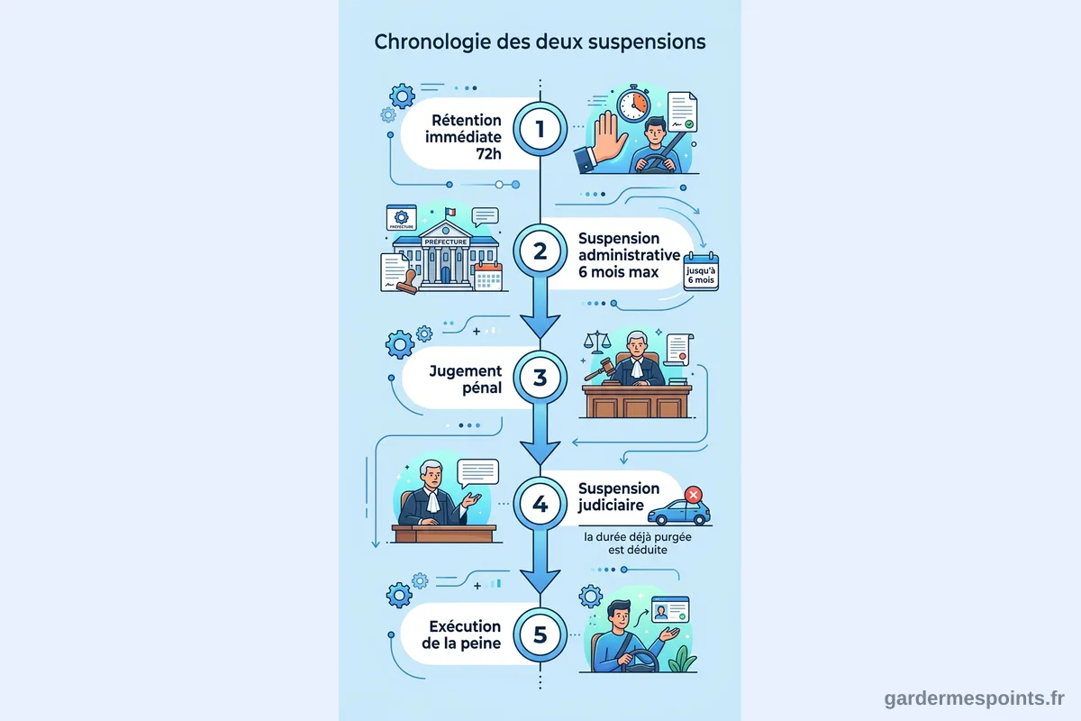 Schéma chronologique de la suspension administrative suivie de la suspension judiciaire avec mécanisme d'imputation L224-9