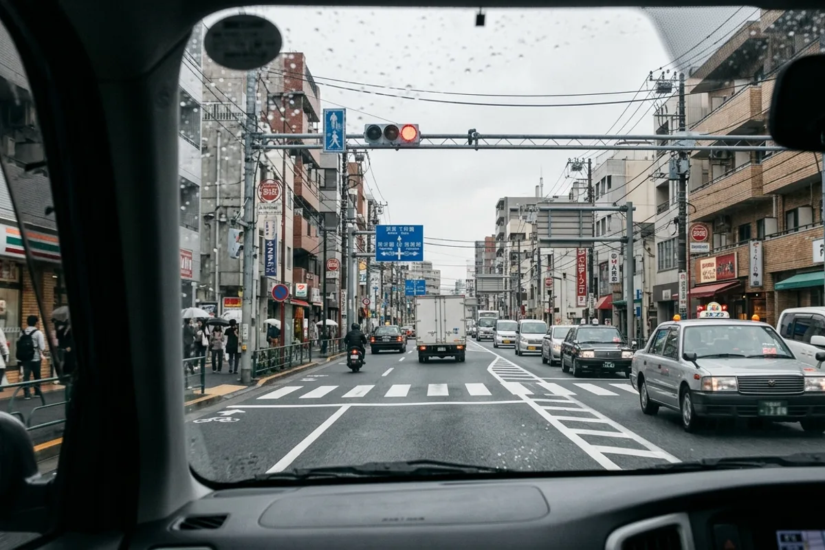 Conduite au Japon avec traduction du permis de conduire Vue depuis l'intérieur d'une voiture sur une route urbaine japonaise, illustrant la conduite au Japon avec traduction de permis