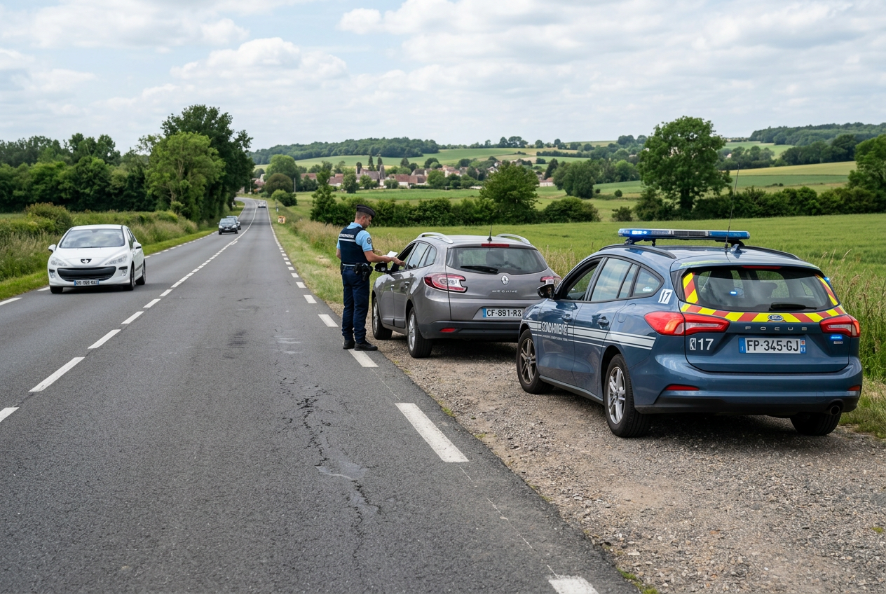 Contr&ocirc;le de gendarmerie sur la route la nuit