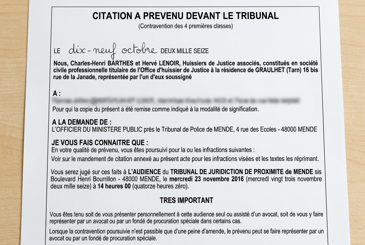 Document judiciaire officiel avec tampon rouge, convocation suite à un refus d alcootest