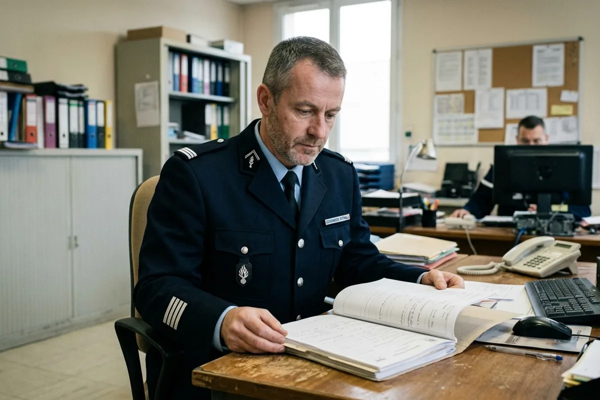 Gendarme lors d'une audition COPJ Gendarme en uniforme consultant un dossier lors d'une audition COPJ après suspension de permis