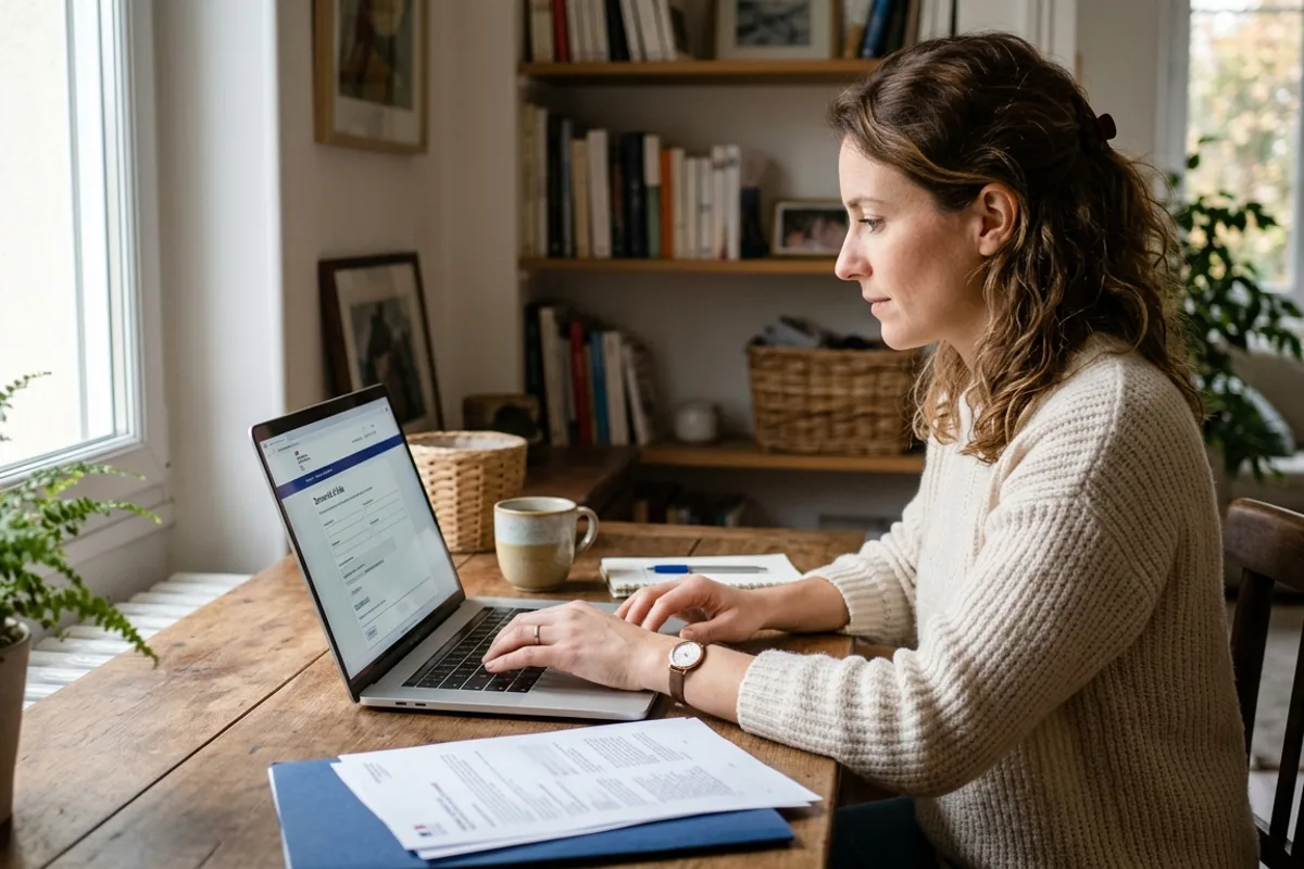 Femme effectuant une démarche administrative en ligne sur un ordinateur portable à son domicile
