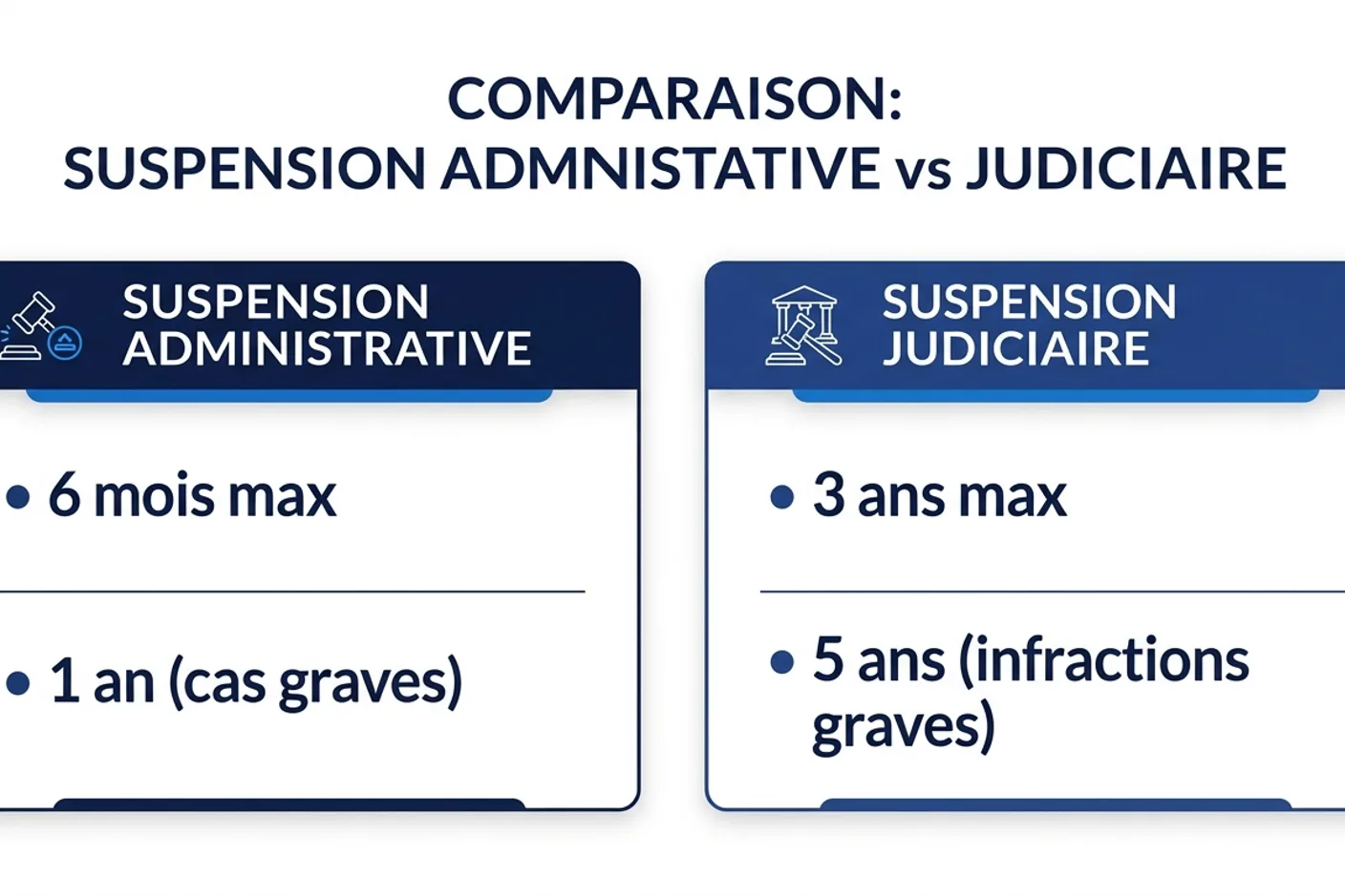 Tableau comparatif durée suspension administrative et judiciaire Schéma comparant les durées de suspension administrative (6 mois, 1 an) et judiciaire (3 ans, 5 ans)