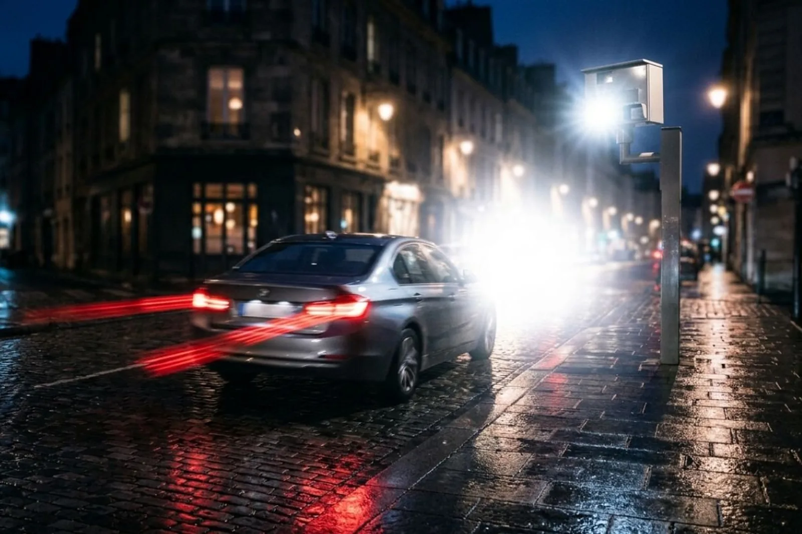 Radar automatique déclenchant un flash la nuit au passage d'une voiture dans une rue de ville