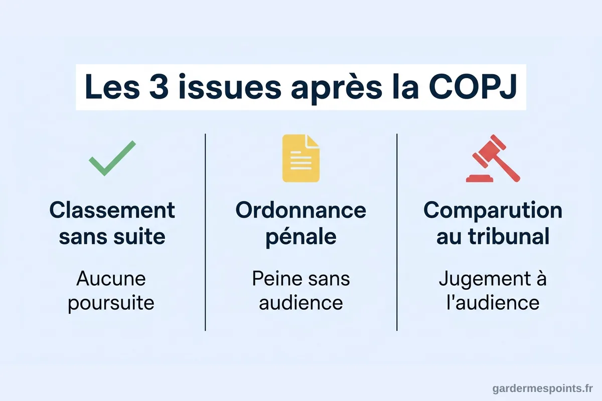 Les 3 issues après une COPJ pour suspension de permis Infographie des 3 issues possibles après une COPJ : classement sans suite, ordonnance pénale ou comparution au tribunal