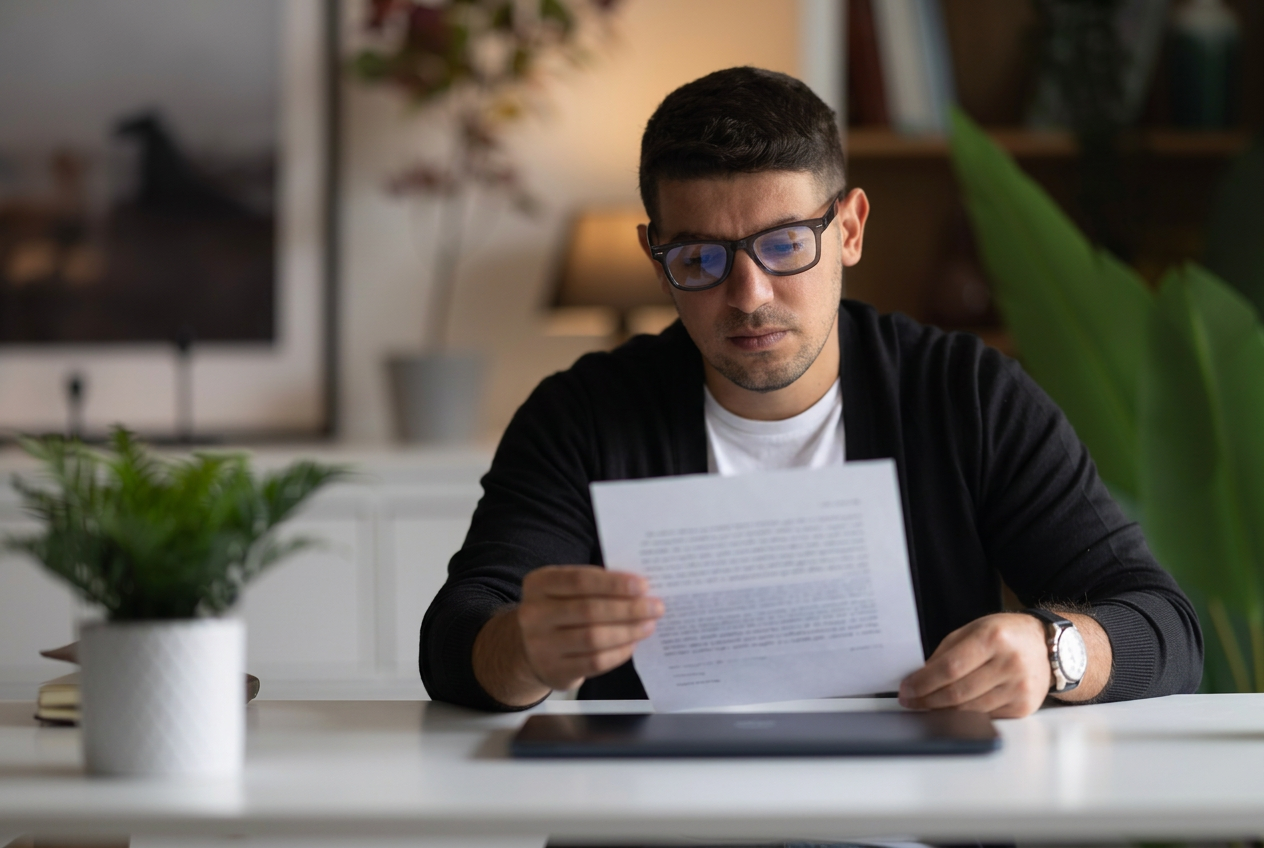 Lecture d'un courrier de suspension de permis Conducteur lisant à son bureau un courrier relatif à la suspension de son permis de conduire