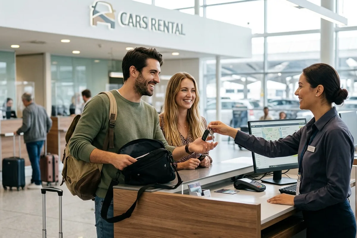 Voyageurs récupérant les clés d'une voiture de location au comptoir d'une agence