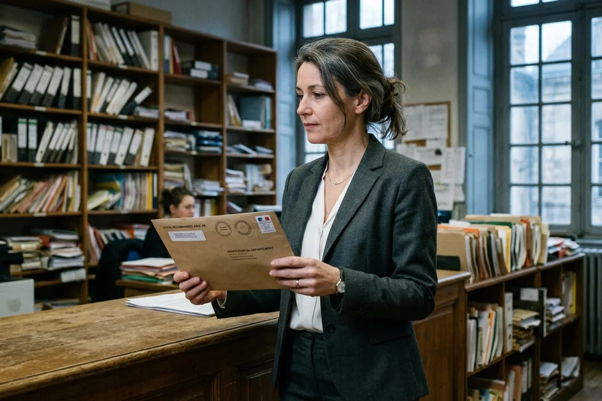Fonctionnaire en préfecture tenant une notification officielle de suspension administrative du permis de conduire