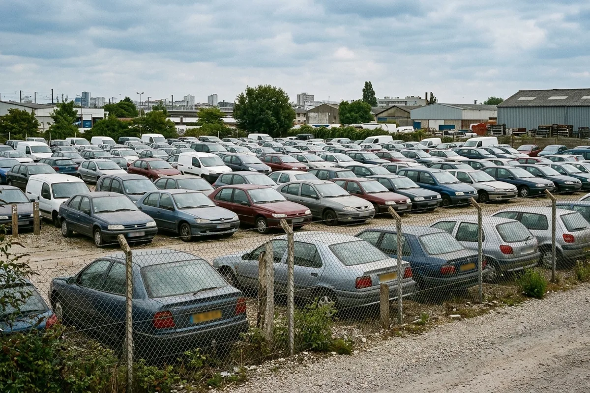 Véhicules stationnés en rangées derrière un grillage dans un parc de fourrière