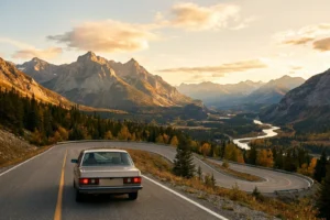 Voiture roulant sur une route de montagne panoramique à l'étranger, évoquant le permis de conduire international