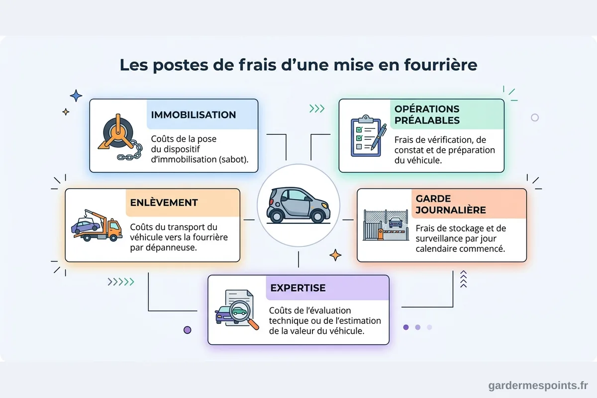 Infographie des cinq postes de frais d'une mise en fourrière : immobilisation, opérations préalables, enlèvement, garde journalière, expertise