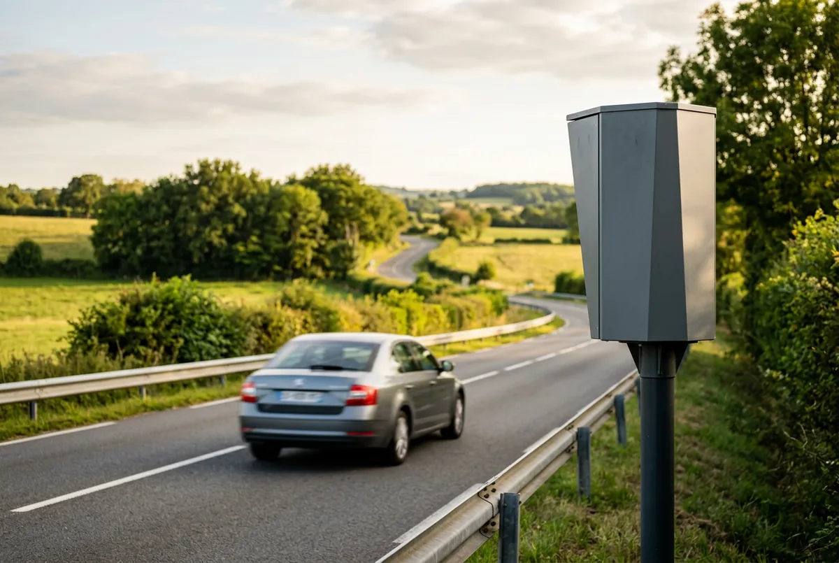 Radar automatique tourelle en bord de route contrôlant la vitesse d'une voiture, excès de vitesse de 40 km/h