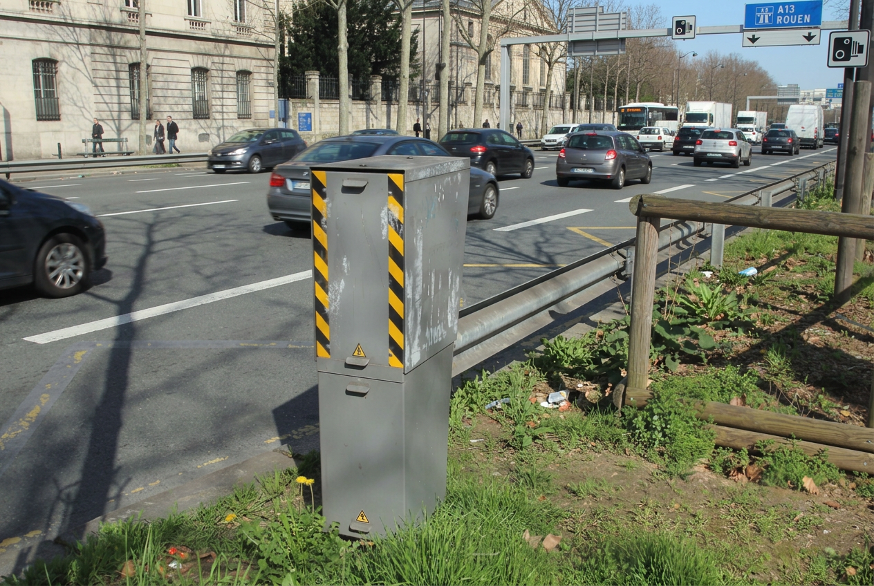 Radar automatique fixe gris à bandes jaunes et noires installé au bord d'une voie rapide urbaine