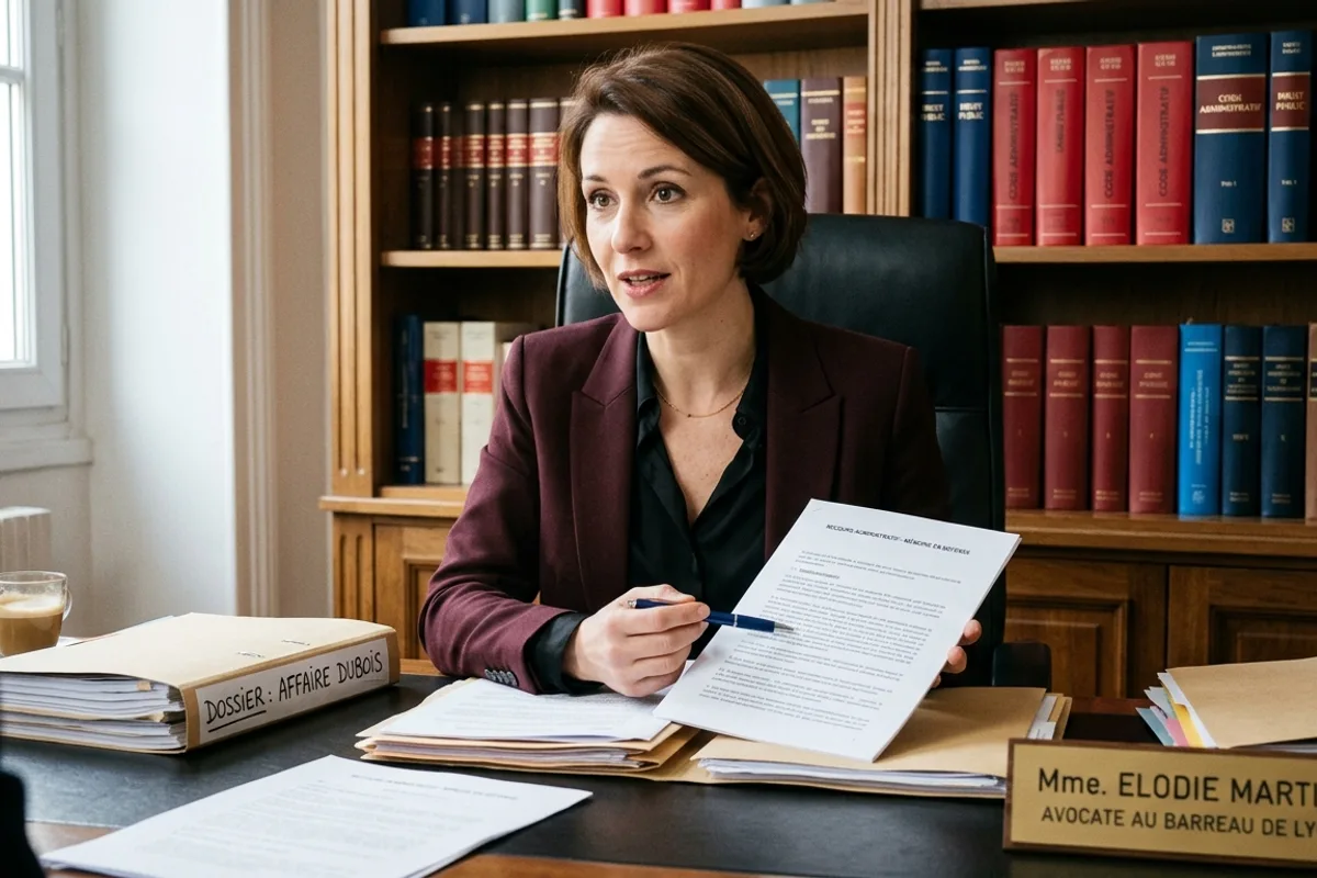 Avocate en droit routier consultant un dossier de référé-suspension Avocate spécialisée en droit routier présentant la procédure de référé-suspension, entourée de codes administratifs