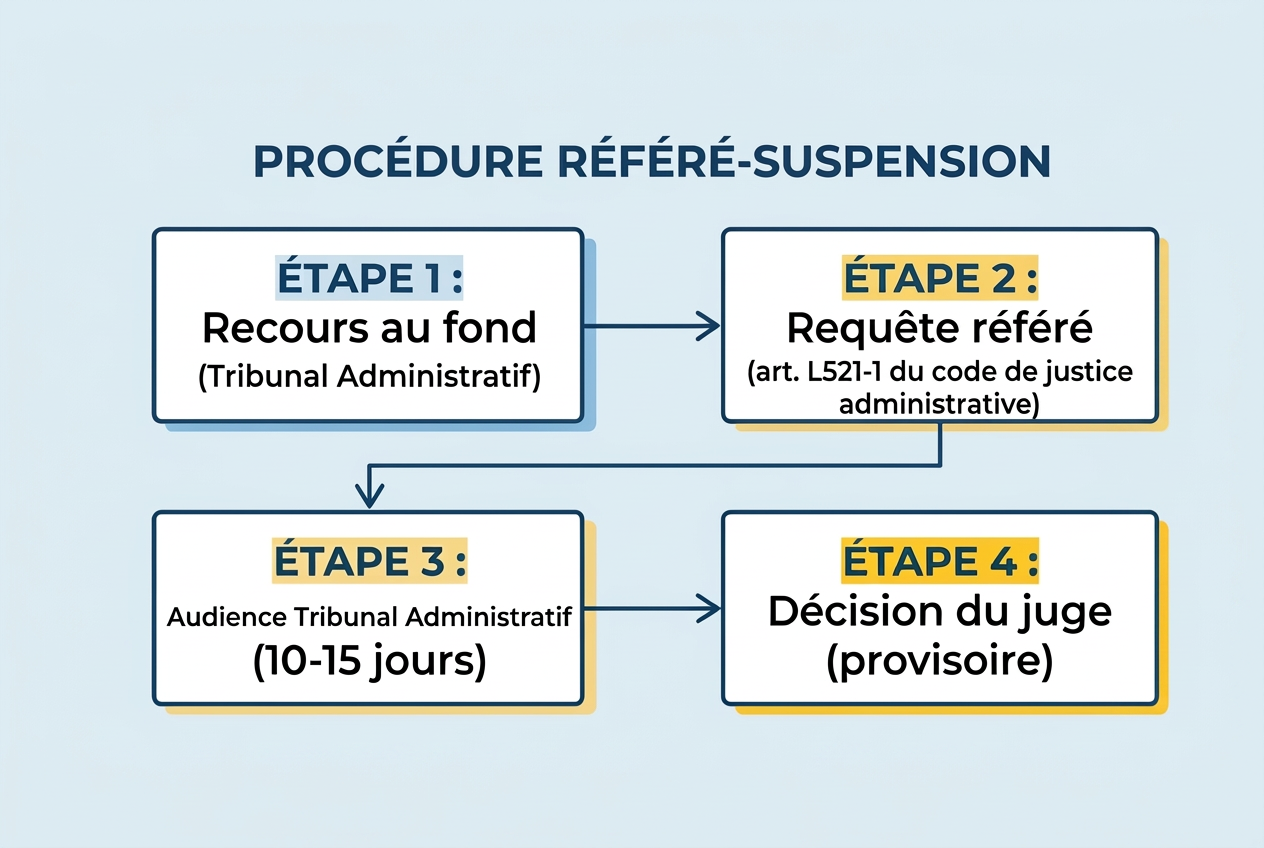 Procédure de référé-suspension : les 4 étapes Infographie de la procédure de référé-suspension de permis : recours au fond, requête référé (art. L521-1 du code de justice administrative), audience au tribunal administratif, décision provisoire du juge