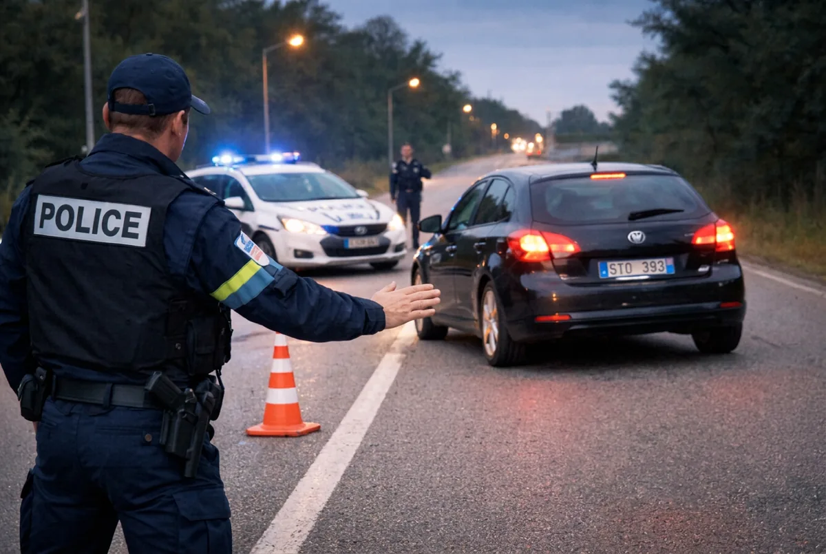 Agent de police faisant signe à un automobiliste de s'arrêter lors d'un contrôle routier