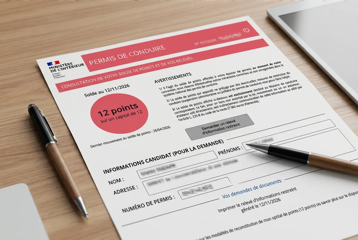 Relevé de points du permis de conduire Relevé de solde de points du permis de conduire affichant 12 points sur un capital de 12