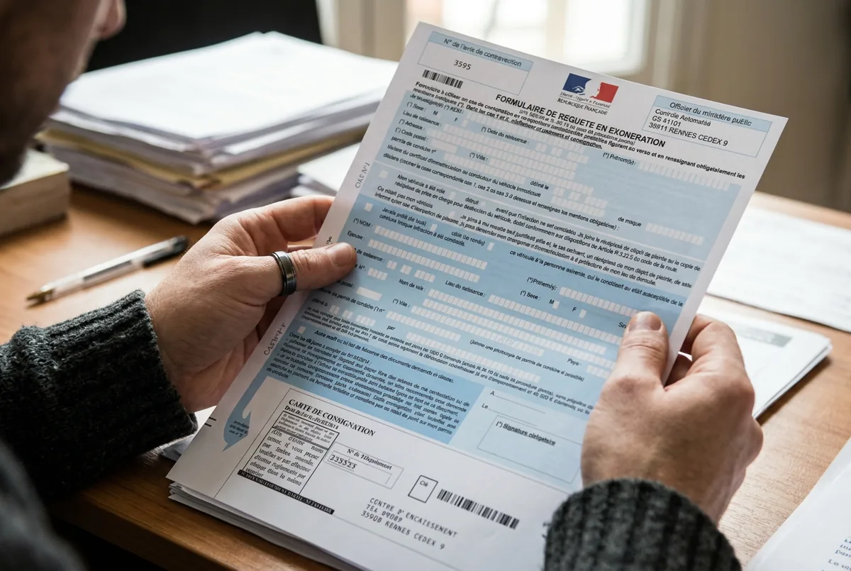 Formulaire officiel de requête en exonération rempli à la main pour contester une amende de radar automatique