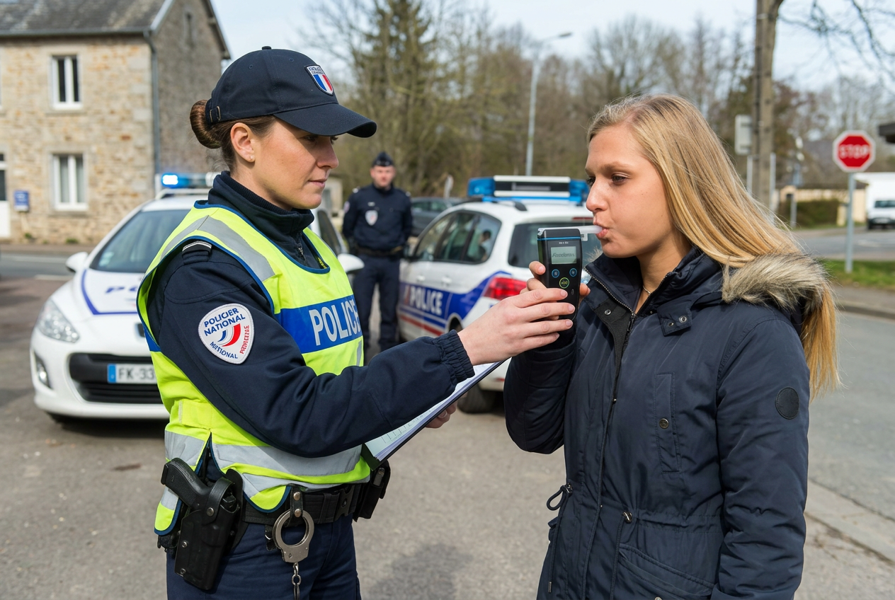 Policière faisant souffler une conductrice dans un éthylotest lors d'un contrôle d'alcoolémie