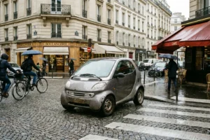 Voiture stationnée dangereusement au bord d'une intersection dans une rue de ville