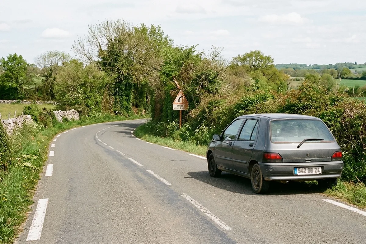 Voiture garée juste avant un virage sans visibilité sur une route de campagne