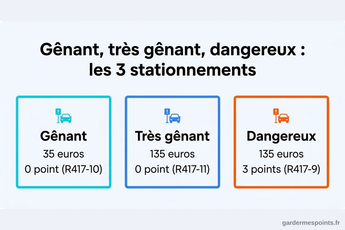 Comparatif des amendes et des points retirés pour stationnement gênant, très gênant et dangereux