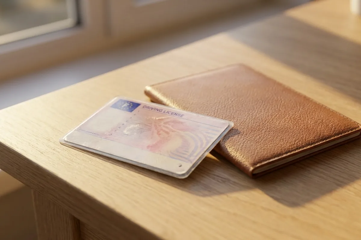 validité permis international, permis et passeport sur bureau en bois, lumière naturelle