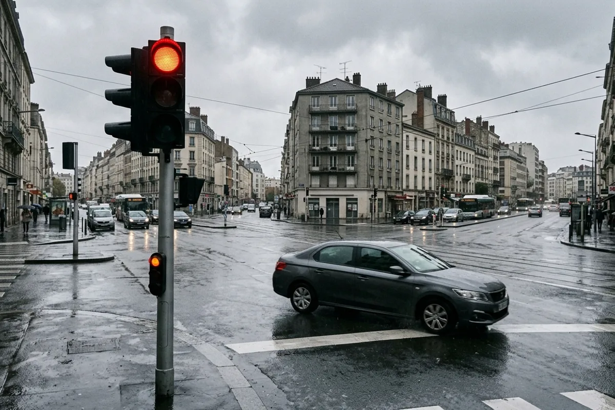 Amende feu rouge : franchissement à un carrefour urbain Carrefour urbain avec feu tricolore au rouge en plein jour