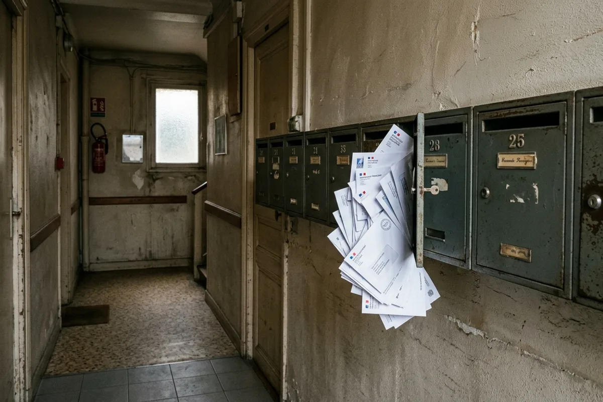 Boîte aux lettres d'immeuble avec des courriers officiels non récupérés, illustration d'une amende non reçue