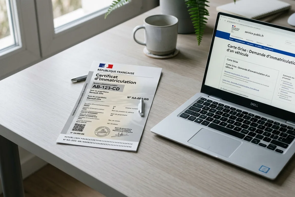 Carte grise française posée à côté d'un ordinateur portable pour illustrer la mise à jour obligatoire après déménagement