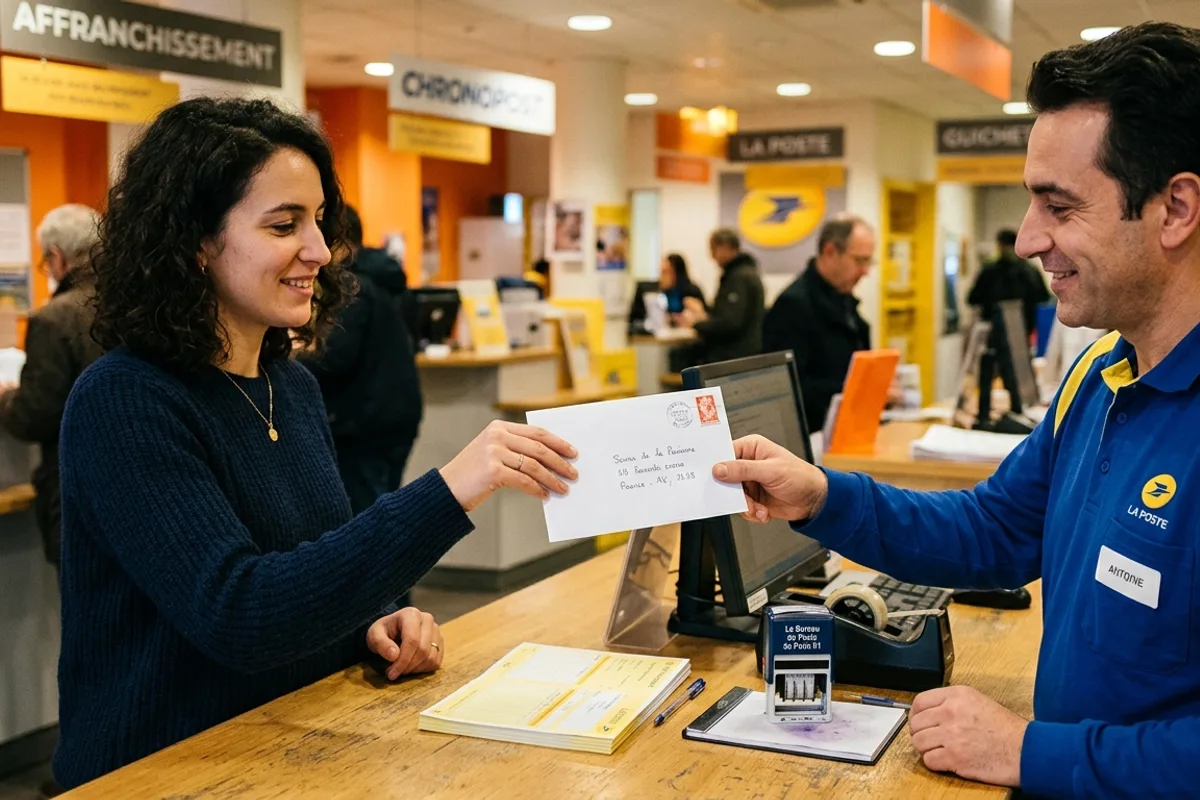 Personne au guichet d'un bureau de poste envoyant une lettre recommandée pour contester une amende non reçue