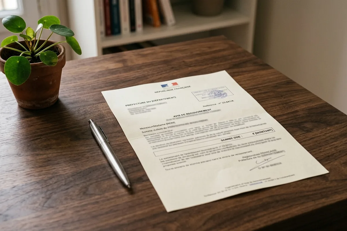 Que faire après avoir trouvé une amende : payer, contester ou délai Avis de recouvrement d'amende posé sur un bureau, que faire après réception
