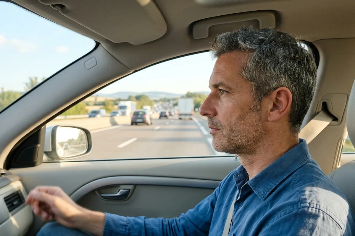 Conducteur concentré sur la route pratiquant une conduite responsable, sans dépendance au GPS