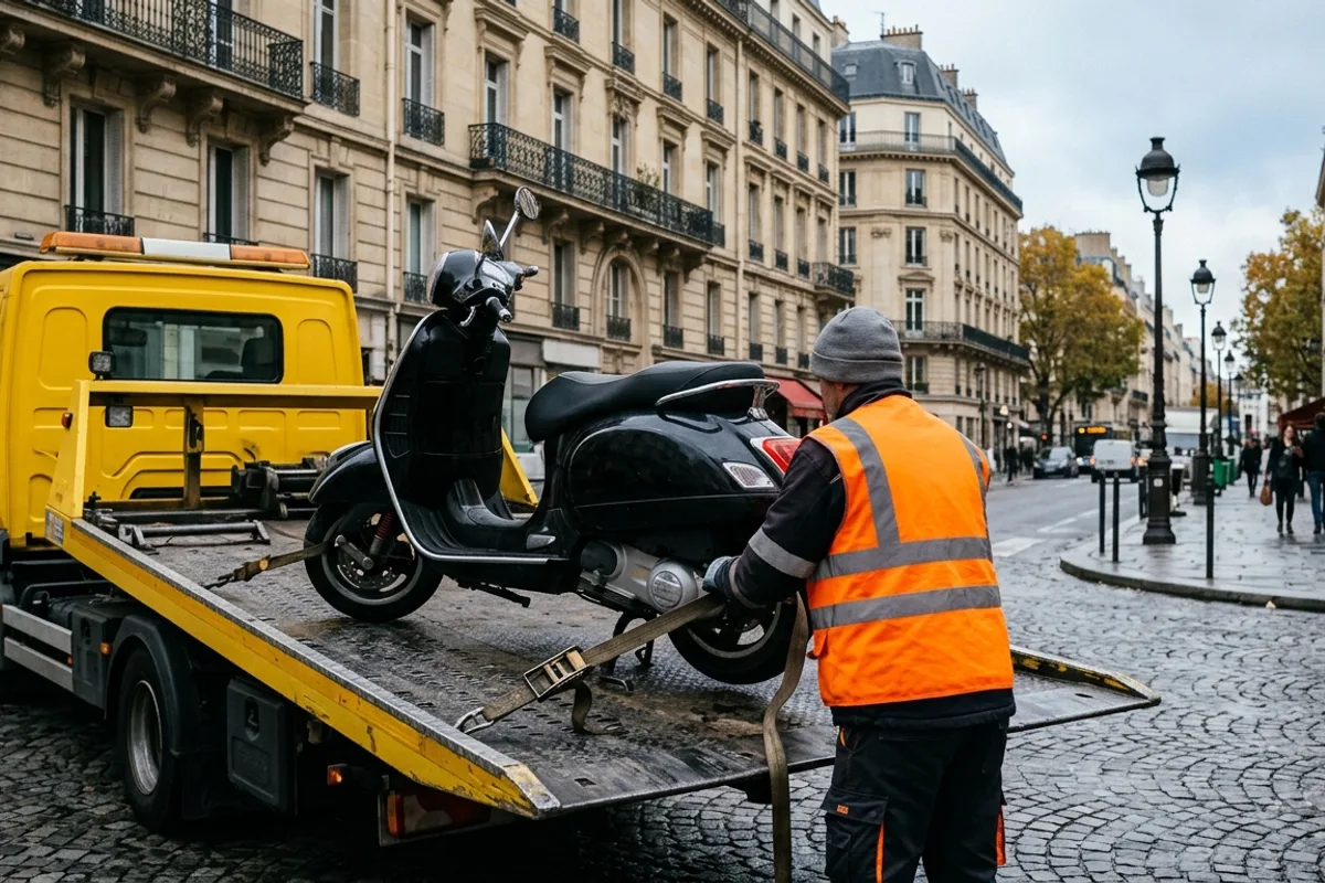 Scooter chargé sur le plateau d'une dépanneuse lors d'une mise en fourrière en zone urbaine