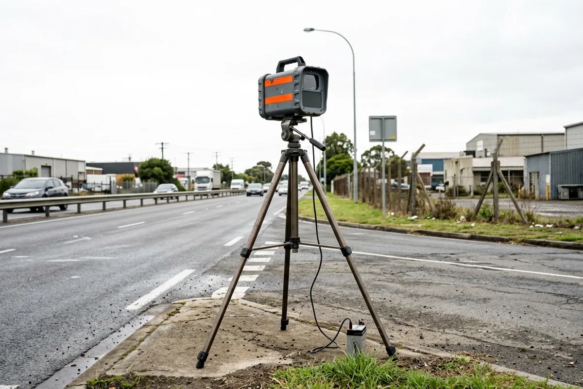 Boîtier radar de contrôle de vitesse installé sur trépied en bord de route : amende 1 500 euros pour détecteur de radars illégal